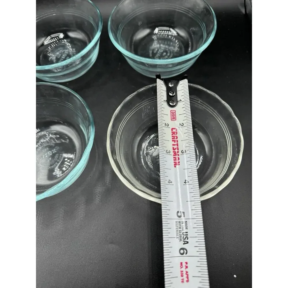 Set of 4 Pyrex H-27 Ramekin Custard Cups with 3 Rings - 10oz EUC -A96